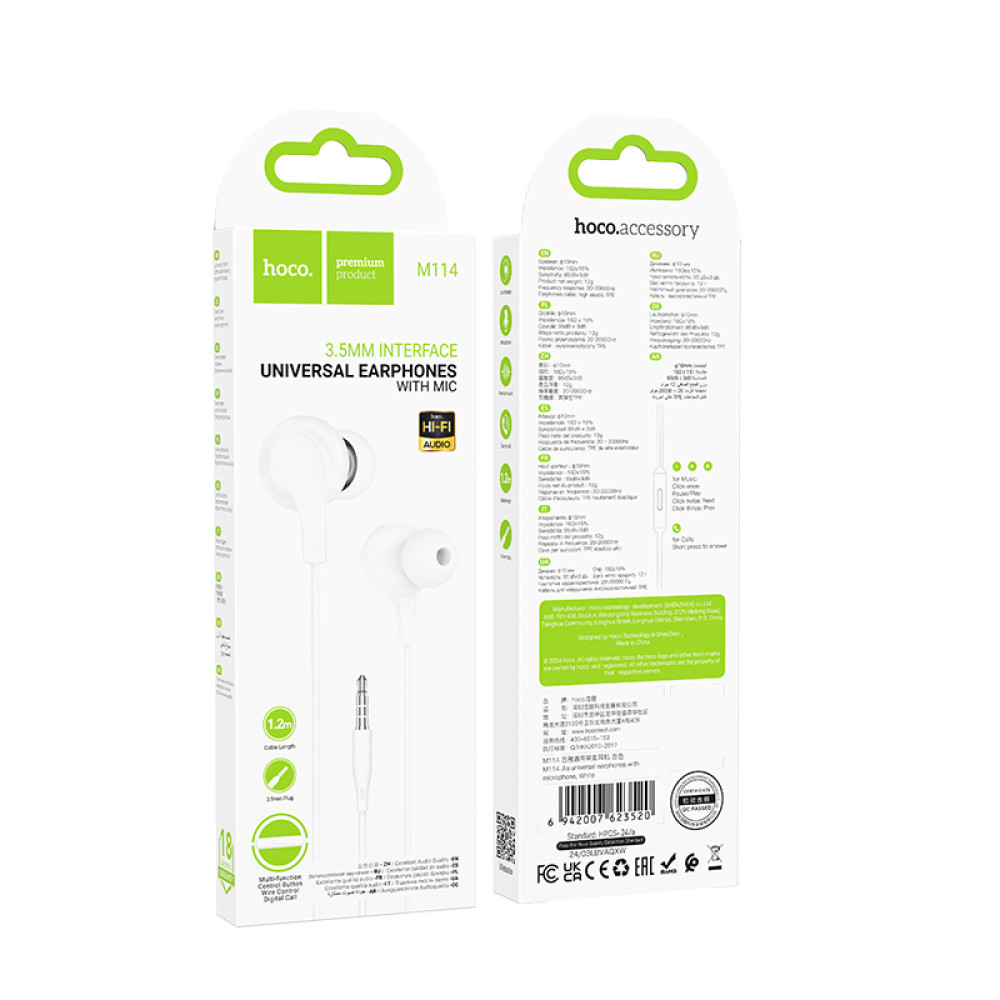 Auriculares Hoco M114 mini jack 3,5mm con micrófono en Blanco - Imagen 4