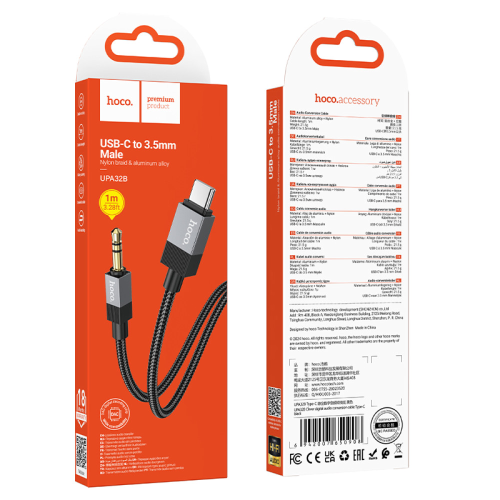 Cable Hoco UPA32B USB-C - Jack 3,5mm trenzado 1m en Negro - Imagen 6
